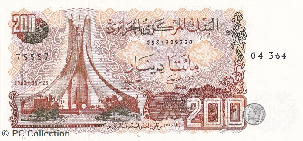 billets afrique 1983 pick135b 200 dinar algerien unc 10 radar