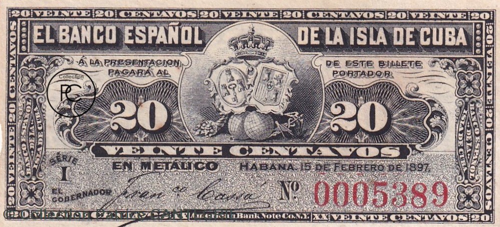 1897 Pick53a 20 ¢ - Centavo cubain Sup billets amerique centrale et caraibes 1897 pick53a 20 centavo cubain sup