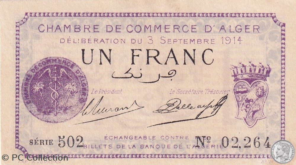 137-1 -3/9/1914 Alger 1 Franc Cdc. (10) billets afrique algerie 137 1 3 9 1914 alger 1 franc cdc 10