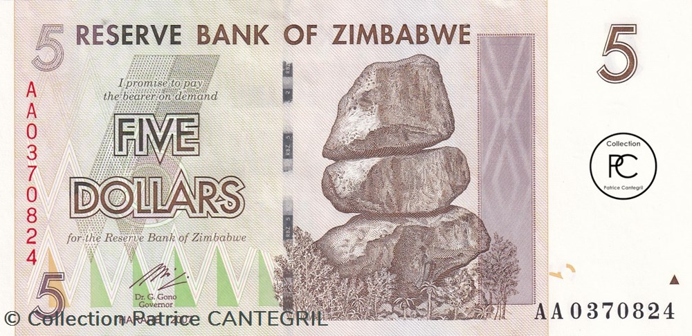 2007 Pick66 5 Z$ - Dollar du Zimbabwe Unc billets afrique 2007 pick66 5 z dollar du zimbabwe unc