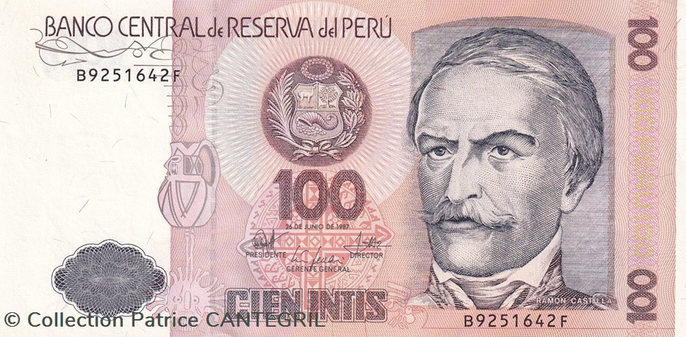 billets amerique du sud perou 100 intis banco central de reserva del peru 26 06 1987 unc pick 133
