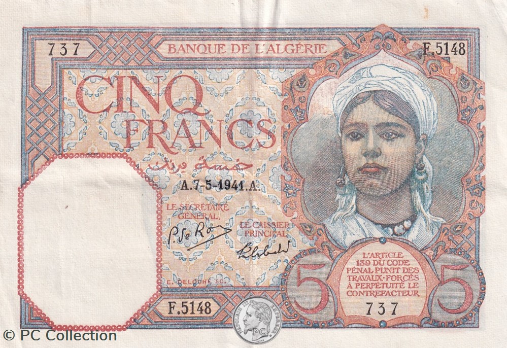 1941 Pick77b.1 5 Franc algérien 737 TTB+ billets afrique 1941 pick77b 1 5 franc algerien 737 ttb
