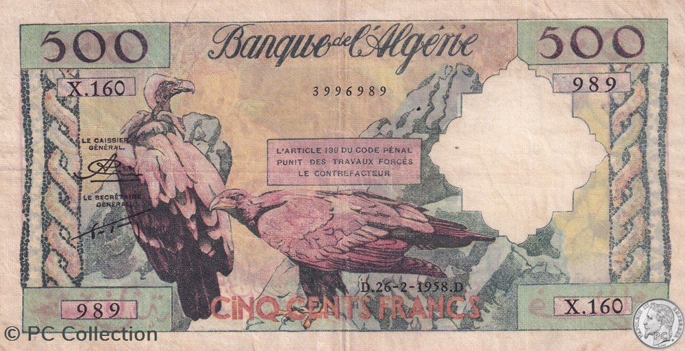 1958 Pick117 radar 989 500 Francs Banque de l'Algérie TTB billets afrique 1958 pick117 radar 989 500 francs banque de algerie ttb