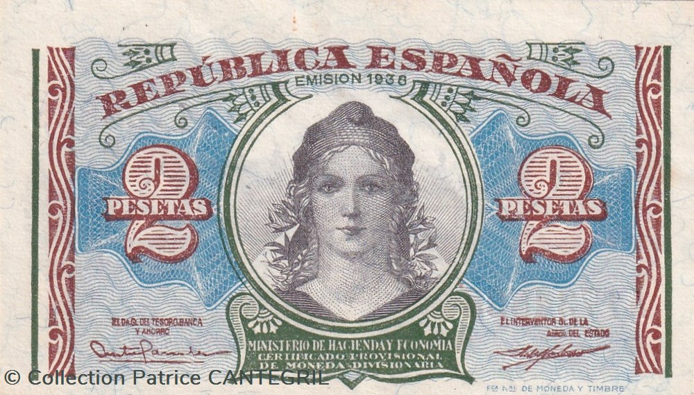 billets europe espagne 1938 pick 95 2 pesetas ministerio de hacienda y economia unc
