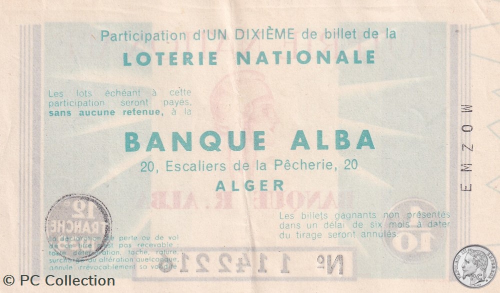 Loterie Algérienne 1/10éme 12eTranche 1938 billets afrique loterie algerienne 1 10eme 12etranche 1938