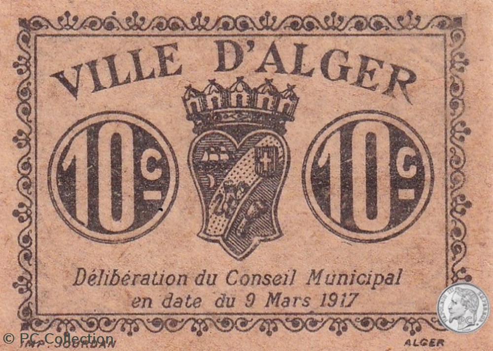 Ville d'Alger- 9/3/1917 10 Centimes Beige (3) billets afrique algerie ville alger 9 3 1917 10 centimes beige 3