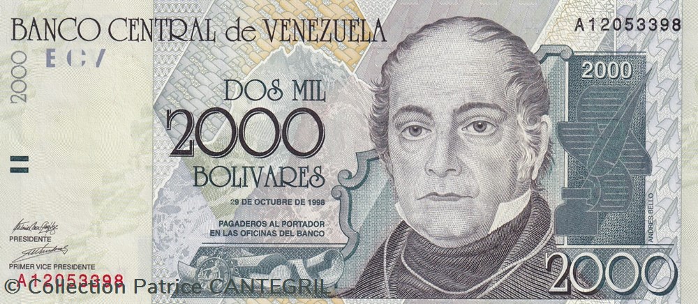 2.000 Bolívares Banco Central de Venezuela 29.10.1998 Unc Pick 80 billets amerique du sud 2 000 bolivares banco central de venezuela 29 10 1998 unc pick 80