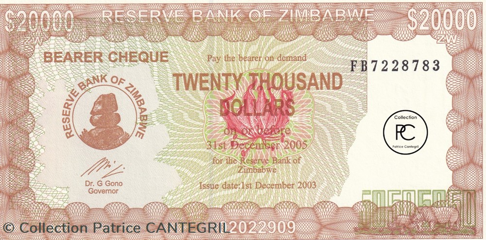 2005 Pick23f 20 000 Z$ - Dollar du Zimbabwe Unc billets afrique 2005 pick23f 20 000 z dollar du zimbabwe unc