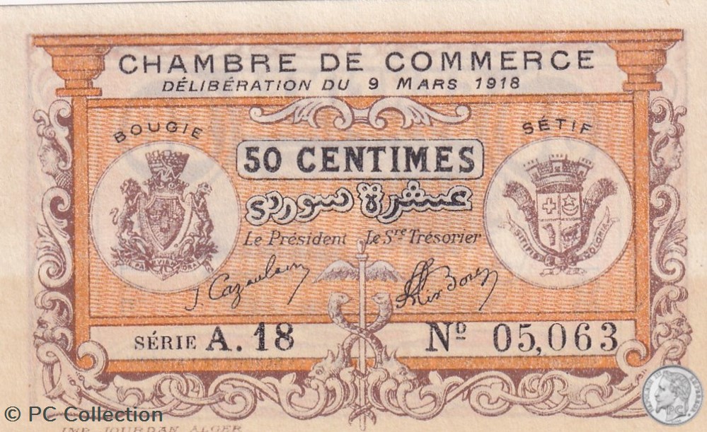 139-3- 9/3/1918 Bougie Sétif 50 cts Cdc Séries A.18 billets afrique algerie 139 3 9 3 1918 bougie setif 50 cts cdc series a 18
