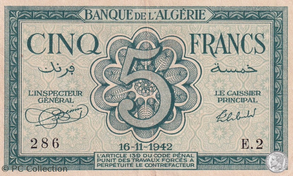 1942 Pick91 E-2 286 5 Franc algérien Sup (3) billets afrique 1942 pick91 e 2 286 5 franc algerien sup 3