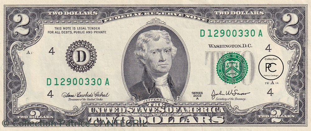 2003 Pick 516b 2 $ - Dollar des États-Unis Unc billets amerique du nord 2003 pick 516b 2 dollar des etats unis unc