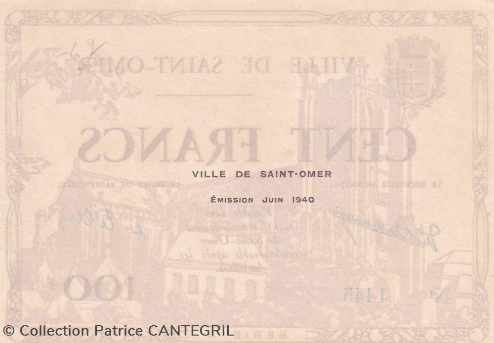 100 Francs Ville de St OMER 1940 Unc billets 100 francs ville de st omer 1940 unc