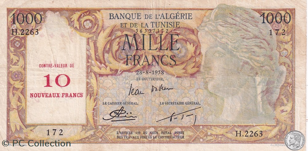 1958 Pick112 H.2263 172 10 Nouveaux Francs Banque de l'Algérie et de la Tunisie TTB billets afrique 1958 pick112 h 2263 172 10 nouveaux francs banque de algerie et de la tunisie ttb