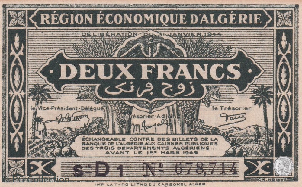 billets afrique 1944 pick99b d1 2 franc algerien sup
