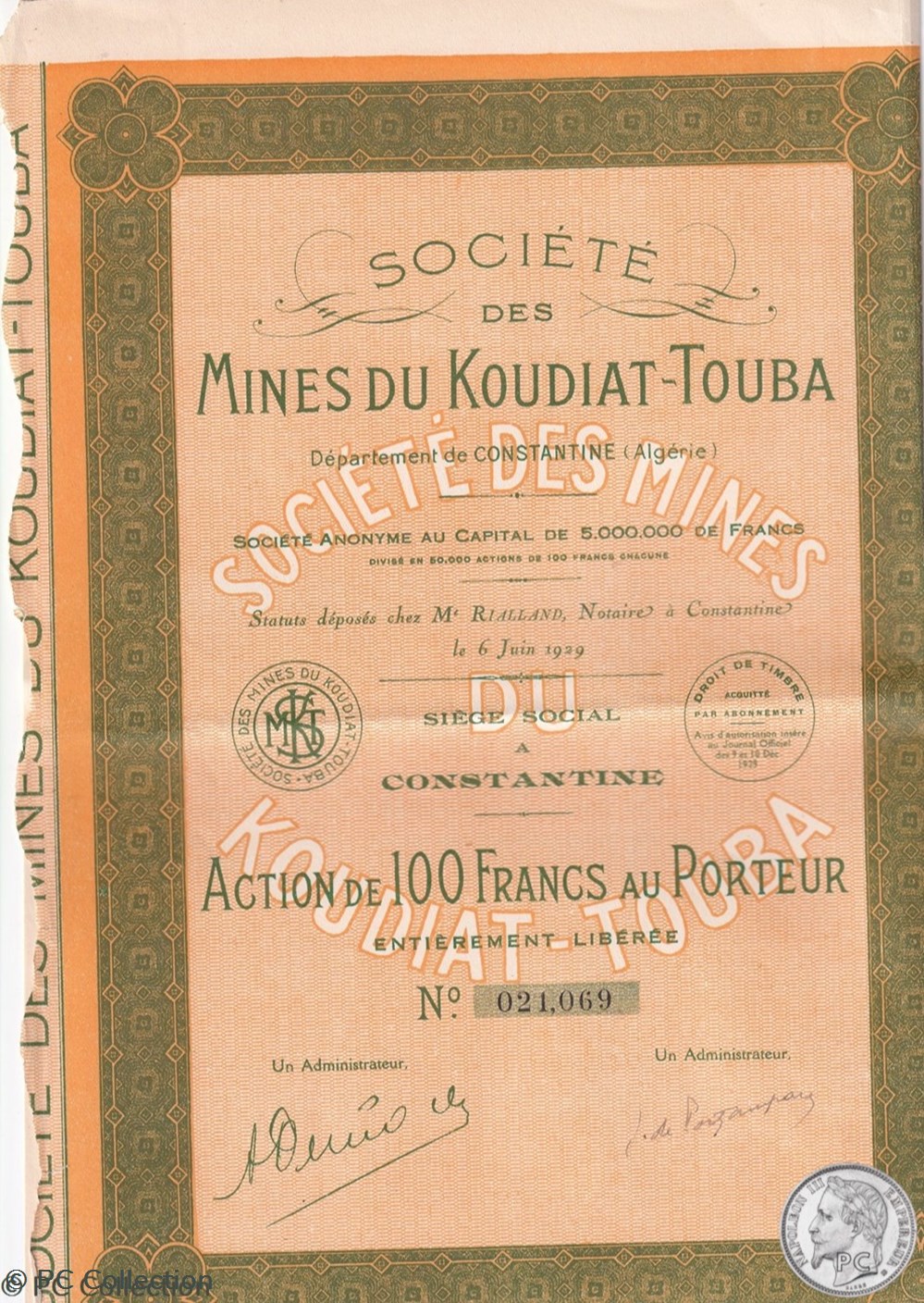 Societe des Mines du Koudiat Touba 1929 documents anciens actions titres societe des mines du koudiat touba 1929