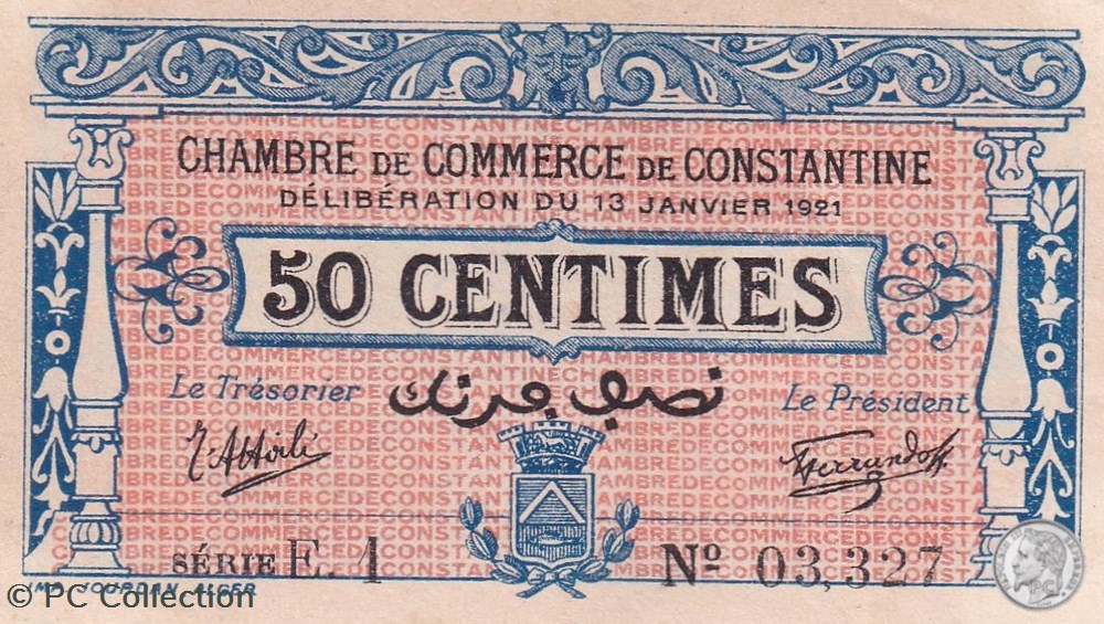 140-25- 13/1/1921 Constantine 50 Centimes Cdc Séries E1 billets afrique algerie 140 25 13 1 1921 constantine 50 centimes cdc series e1
