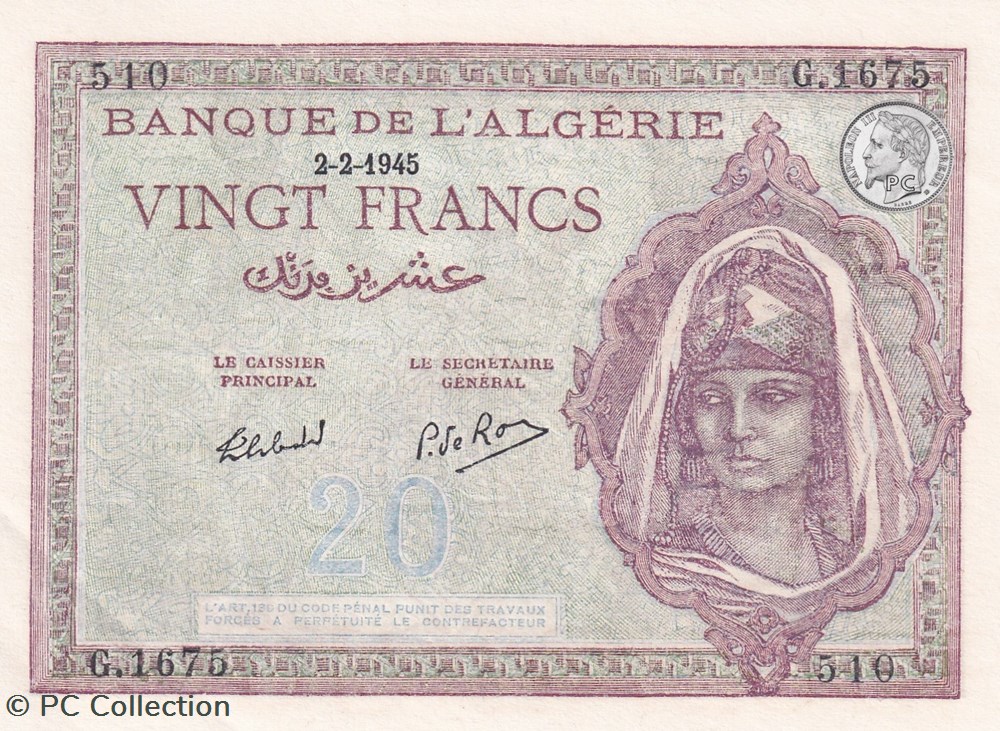 1945 Pick92b.3 510 20 Franc algérien Unc billets afrique 1945 pick92b 3 510 20 franc algerien unc
