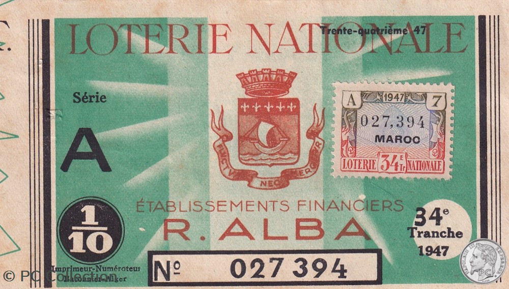 Loterie Algérienne 1/10éme 34éme Tranche 1947 billets afrique loterie algerienne 1 10eme 34eme tranche 1947