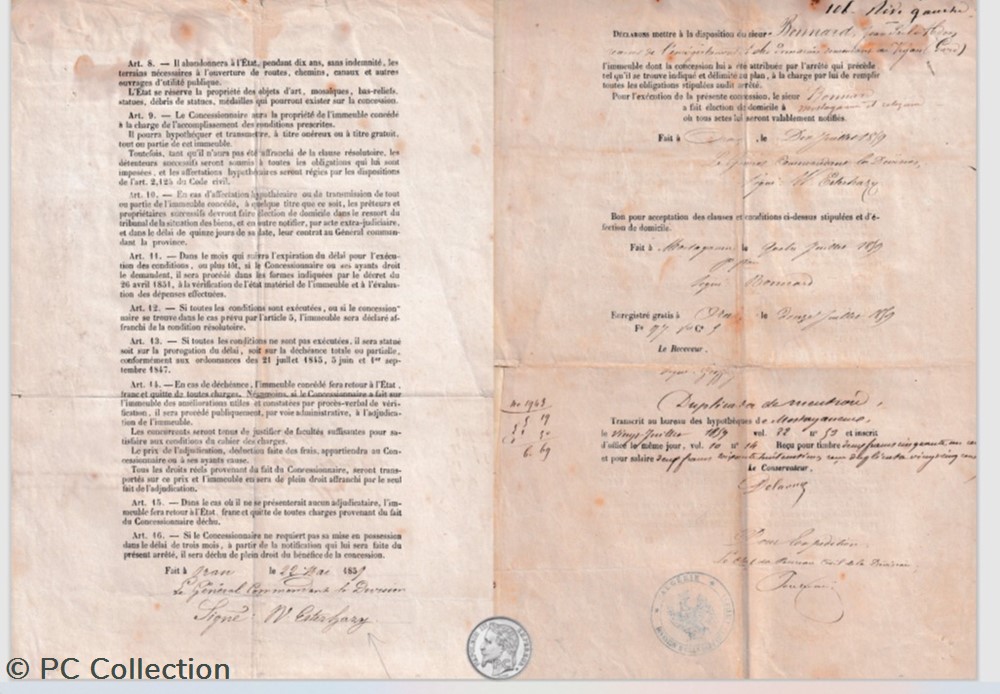 titre de concession 1859 Algérie sous Empire Français 2 documents anciens titre de concession 1859 algerie sous empire francais