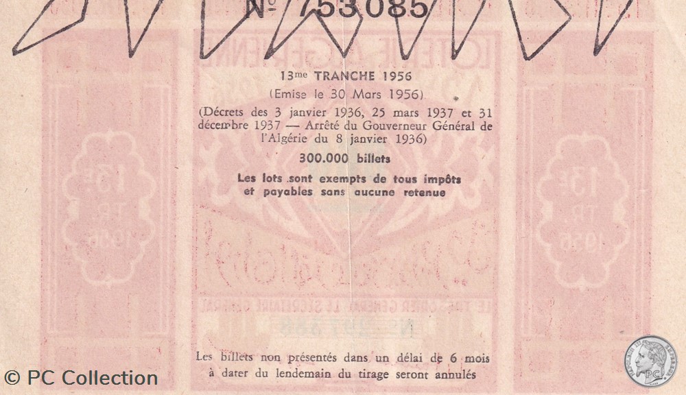 billets afrique loterie algerienne 13eme tranche 1956