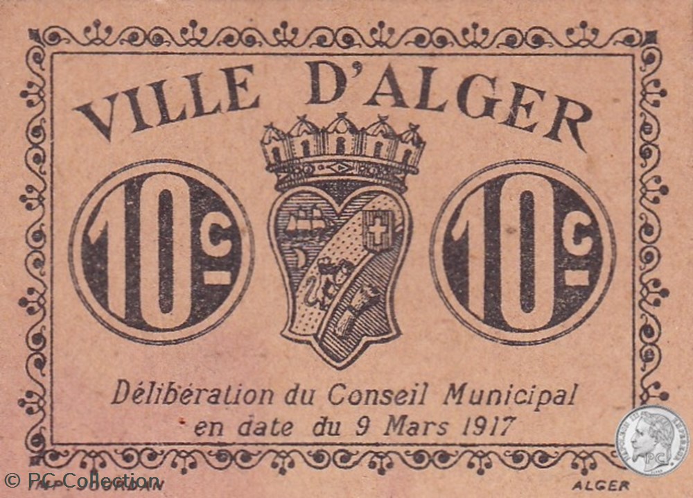 Ville d'Alger- 9/3/1917 10 Centimes Beige (7) billets afrique algerie ville alger 9 3 1917 10 centimes beige 7