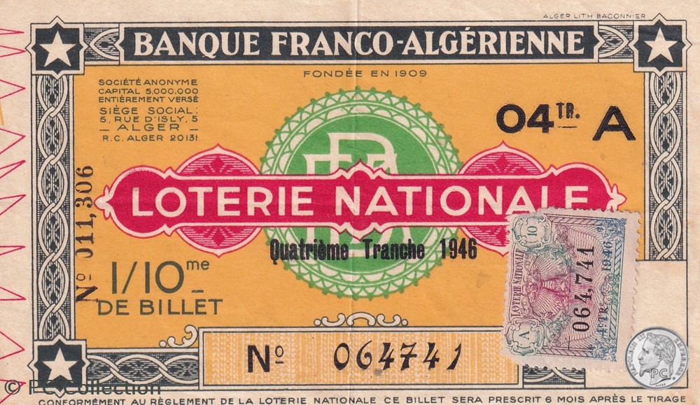 Banque Franco Algérienne 1/10 éme 4éme Tranche 1946 billets afrique banque franco algerienne 1 10 eme 4eme tranche 1946