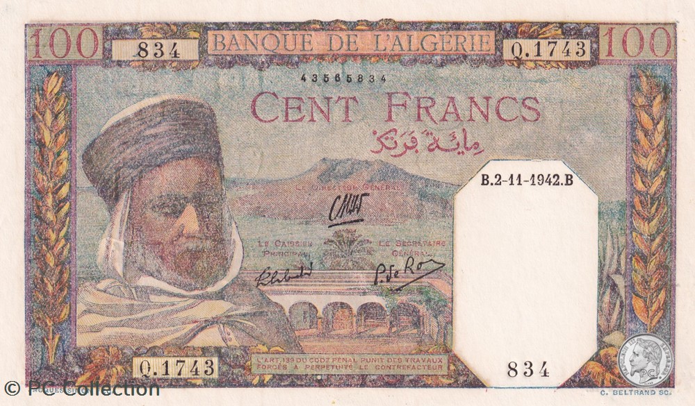 1942 Pick88 834 100 Franc algérien Unc billets afrique 1942 pick88 834 100 franc algerien unc