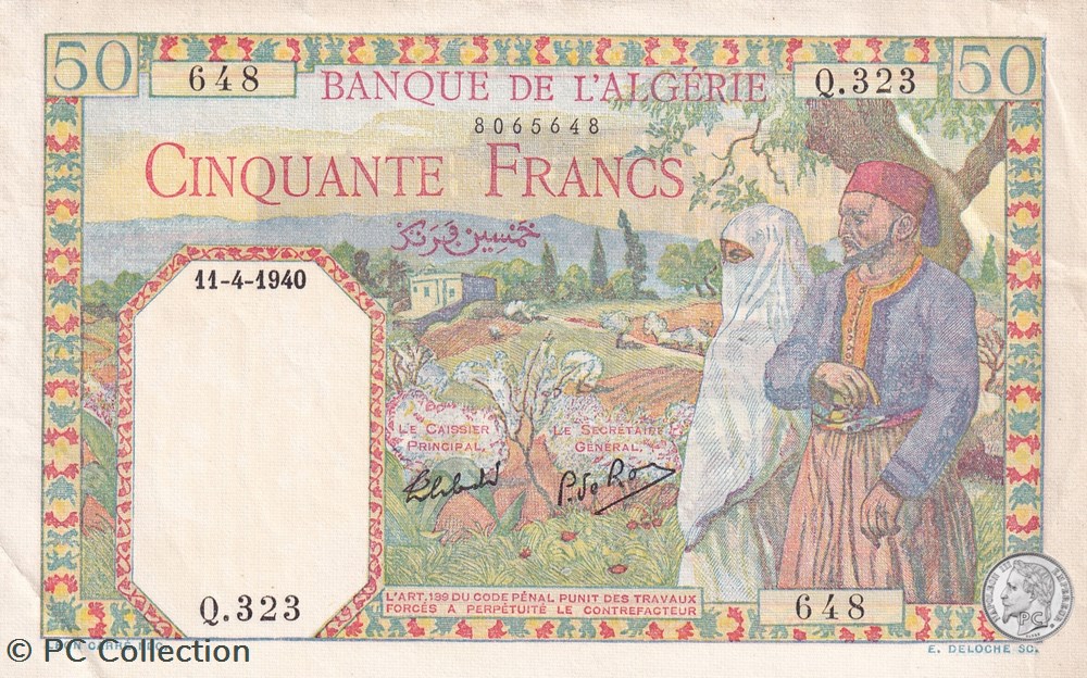 1940 Pick84a.14 50 Franc algérien Sup billets afrique 1940 pick84a 14 50 franc algerien sup