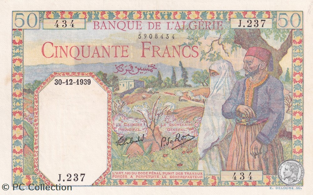 1939 Pick84 434 50 Franc algérien Unc billets afrique 1939 pick84 434 50 franc algerien unc