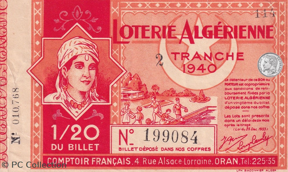billets afrique loterie algerienne 1 20eme 2eme tranche 1940