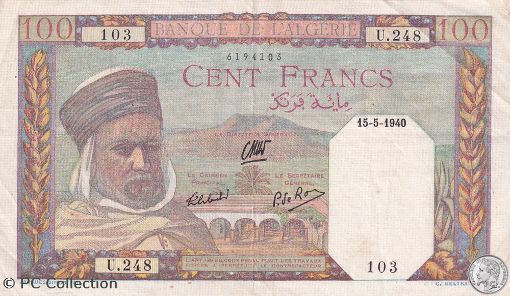 1940 Pick88 103 100 Franc algérien TTB billets afrique 1940 pick88 103 100 franc algerien ttb