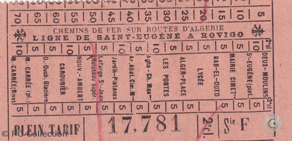 Ticket tramway d'Alger début XXe "Tramways / Chemins de Fer sur routes d'Algérie / St Eugène -> Rovi documents anciens titres transport ticket tramway alger debut xxe tramways chemins de fer sur routes algerie st eugene rovi