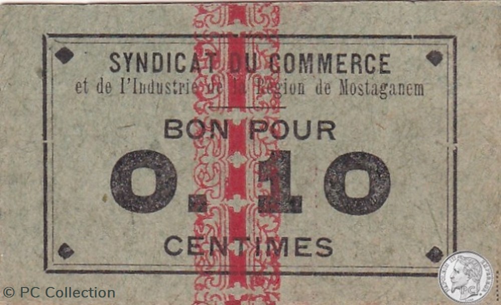 MOSTAGANEM 5 1916 10 Centimes vert (3) billets afrique algerie mostaganem 5 1916 10 centimes vert 3