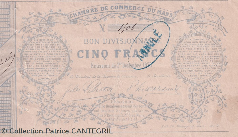 Cinq francs chambre de commerce du mans billets europe cinq francs chambre de commerce du mans
