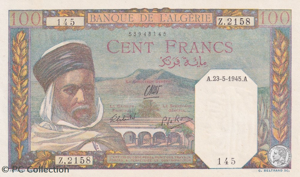 1945 Pick 85 100 Franc algérien 145 Unc billets afrique 1945 pick 85 100 franc algerien 145 unc