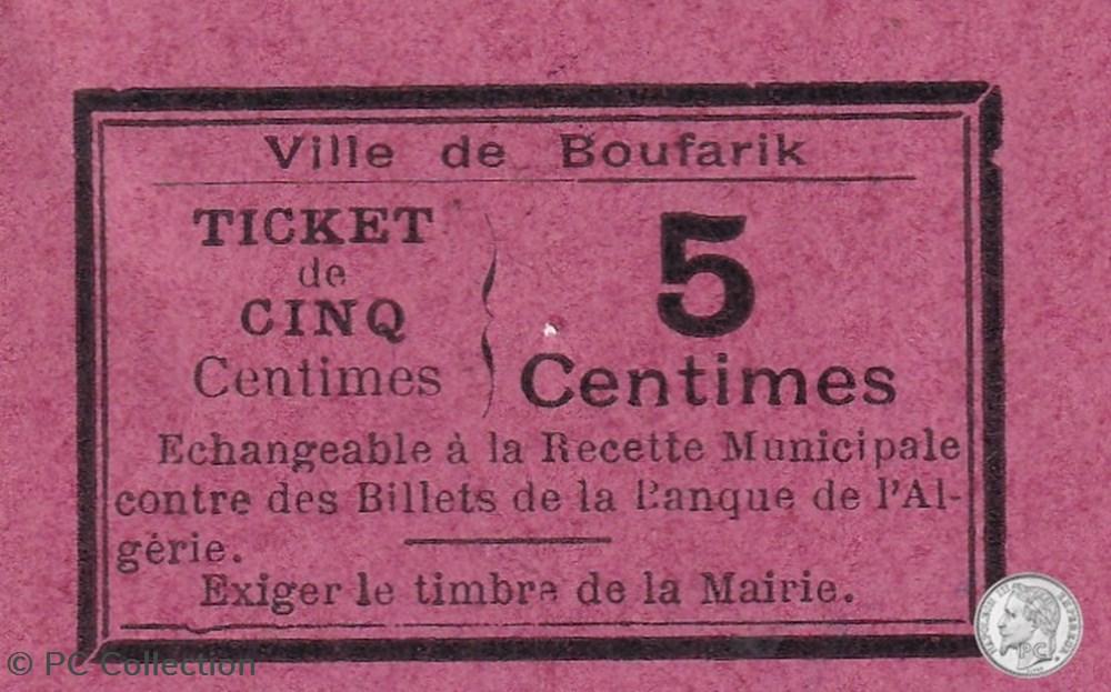 BOUFARIK 4 - 5 centimes -1916 (3) billets afrique algerie boufarik 4 5 centimes 1916 3