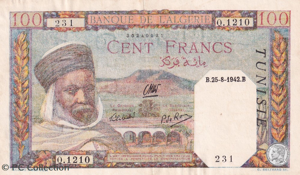1942 Pick13 100 F - Franc tunisien TTB billets afrique algerie 1942 pick13 100 f franc tunisien ttb
