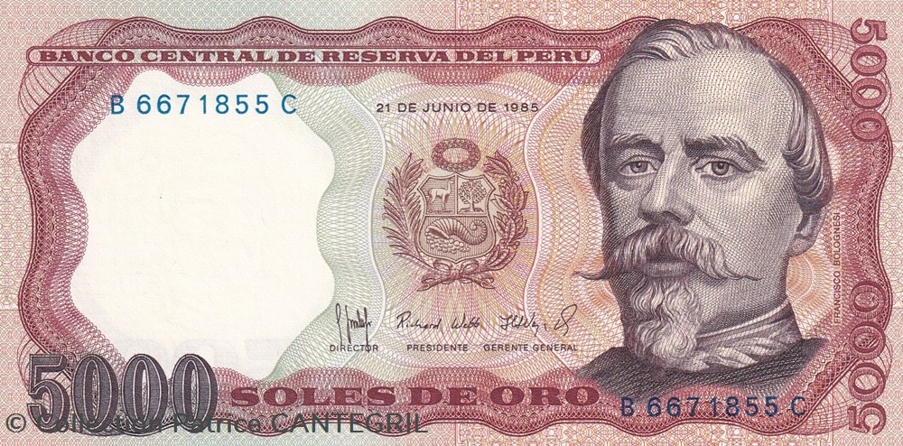 billets amerique du sud perou 5 000 soles de oro banco central de reserva del peru 21 06 1985 unc pick 117c