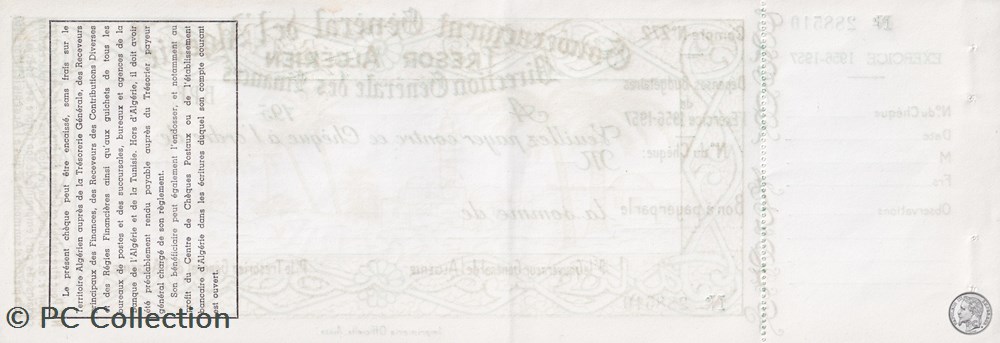 TRÉSOR ALGÉRIEN Chèque vierge avec souche Exercice 1956 - 1957 Très bon état billets afrique tresor algerien cheque vierge avec souche exercice 1956 1957 tres bon etat