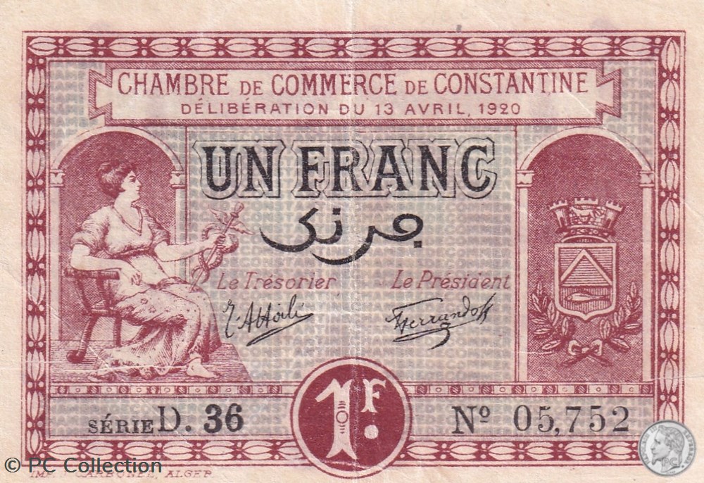billets afrique algerie 140 24 13 4 1920 constantine 1 franc cdc series d36