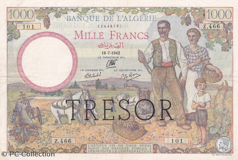 Très rare 1942 VF.10.01 1 000 Franc Trésor algérien TTB+ billets afrique tres rare 1942 vf 10 01 1 000 franc tresor algerien ttb