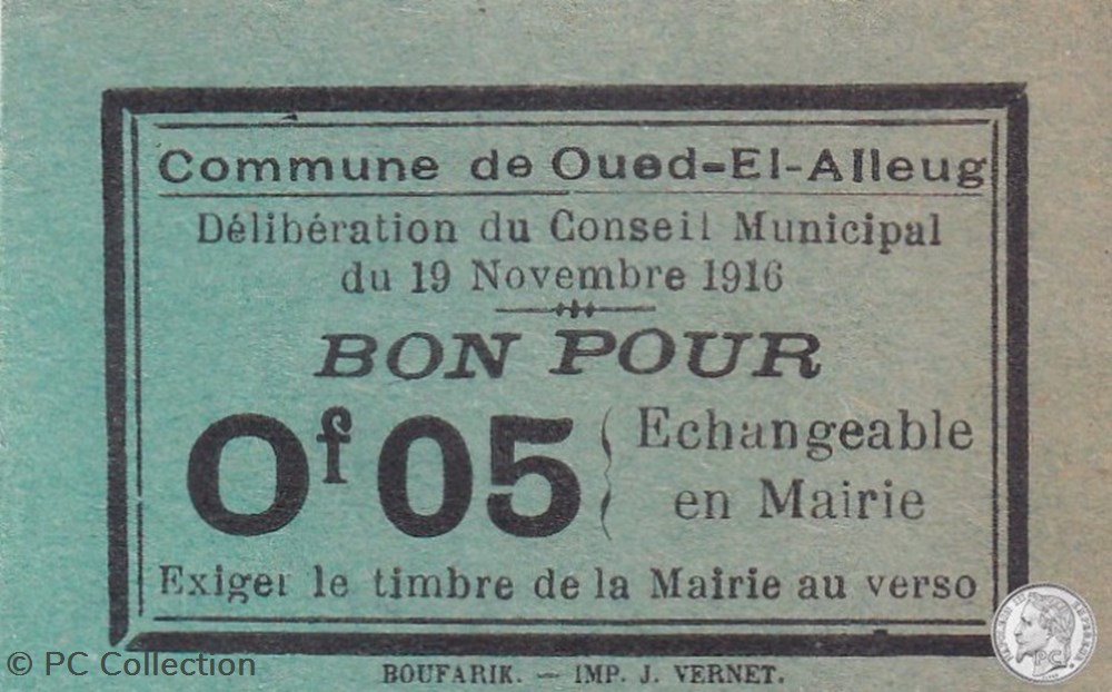 OUED EL ALLEUG Bon pour 0,05 franc Vert 1916 (1) billets afrique algerie oued el alleug bon pour 0 05 franc vert 1916 1