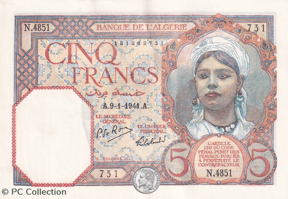 billets afrique 1941 pick77b 5 franc algerien 731 sup