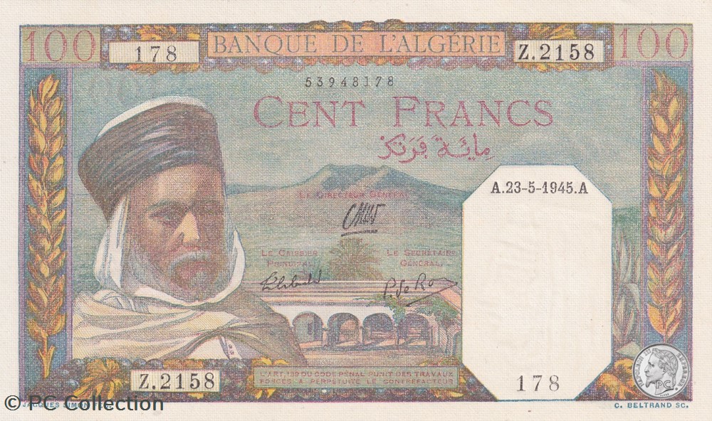 1945 Pick 85 100 Franc algérien 178 Unc billets afrique 1945 pick 85 100 franc algerien 178 unc