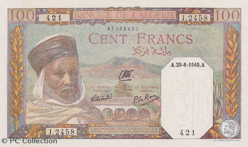 1945 Pick 85 100 Franc algérien 421 Unc billets afrique 1945 pick 85 100 franc algerien 421 unc