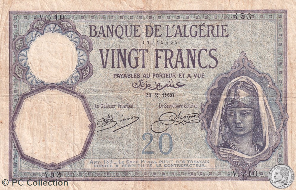 1920 Pick78a V710 453 20 Franc algérien TB billets afrique 1920 pick78a v710 453 20 franc algerien tb
