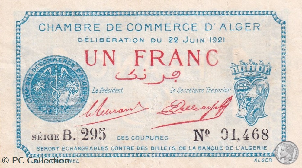 137-20-22/6/1921 Alger 1 Franc Cdc.(2) billets afrique algerie 137 20 22 6 1921 alger 1 franc cdc 2