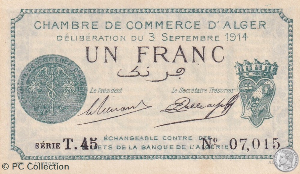 137-4-3/9/1914 Alger 1 Franc Cdc. (3) billets afrique algerie 137 4 3 9 1914 alger 1 franc cdc 3