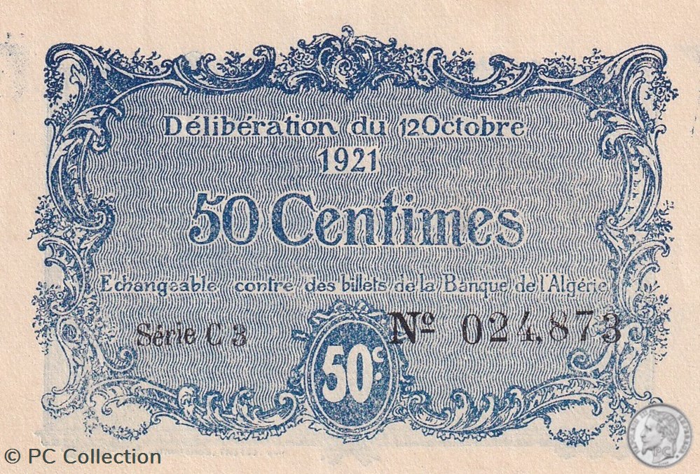 billets afrique algerie 140 33 12 10 1921 constantine 50 centimes cdc series c3