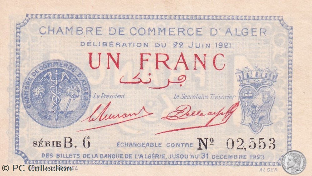 137-18-22/6/1921 Alger 1 Franc Cdc.(2) billets afrique algerie 137 18 22 6 1921 alger 1 franc cdc 2